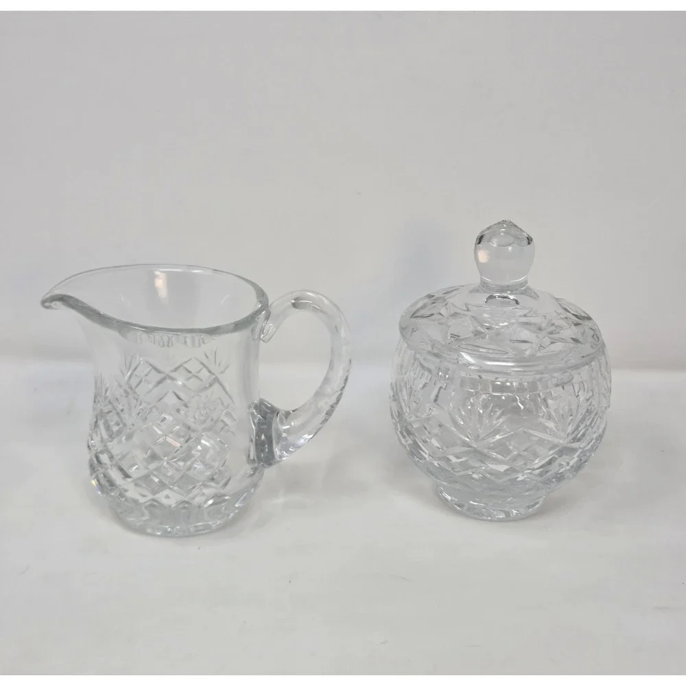 Vintage Cut Crystal Creamer & Covered Sugar Bowl Set - Diamond Fan Pattern MCM
